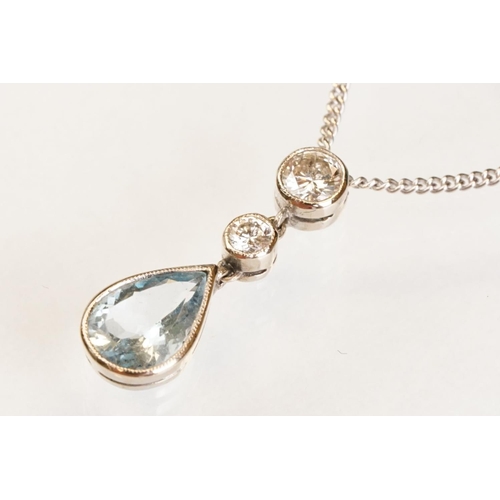 87 - Aquamarine and diamond 18ct white gold pendant necklace, the pearl shaped aquamarine measuring appro... 