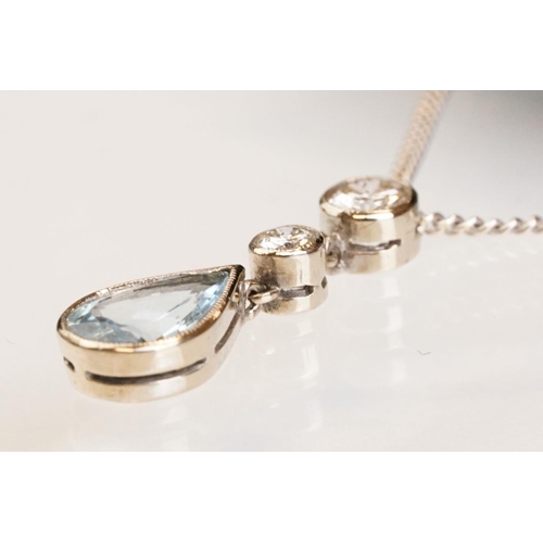 87 - Aquamarine and diamond 18ct white gold pendant necklace, the pearl shaped aquamarine measuring appro... 