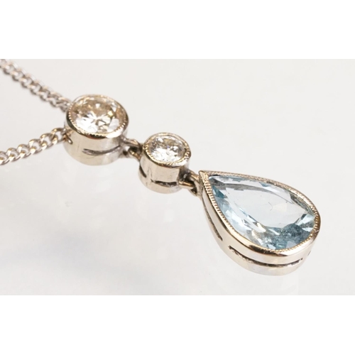 87 - Aquamarine and diamond 18ct white gold pendant necklace, the pearl shaped aquamarine measuring appro... 