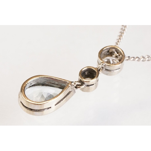87 - Aquamarine and diamond 18ct white gold pendant necklace, the pearl shaped aquamarine measuring appro... 
