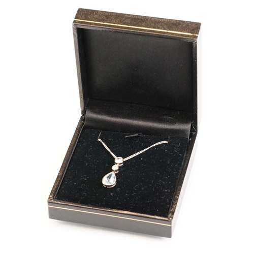 87 - Aquamarine and diamond 18ct white gold pendant necklace, the pearl shaped aquamarine measuring appro... 