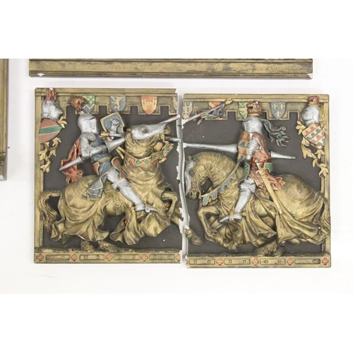 Five Marcus Designs ceramic wall plaques depicting Medieval