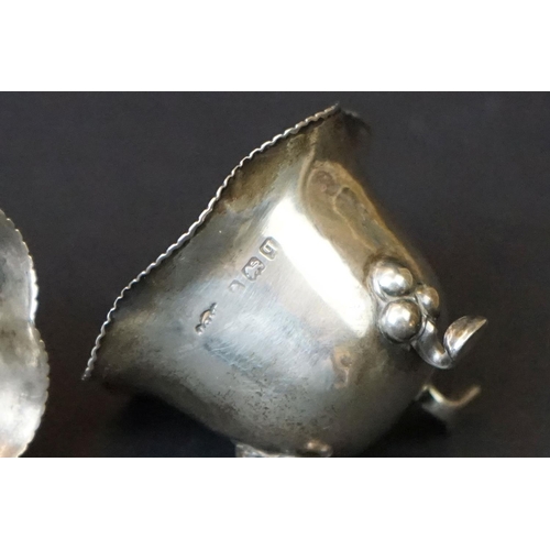 455 - Victorian set of three silver salts in the form of clam shells, each raised on three bun feet, with ... 
