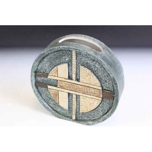 3 - Troika - 1970's Cornish studio art pottery wheel vase having a blue ground with moulded detailing. S... 