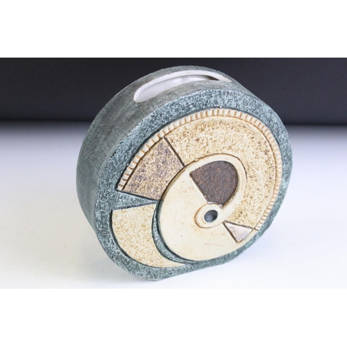 3 - Troika - 1970's Cornish studio art pottery wheel vase having a blue ground with moulded detailing. S... 
