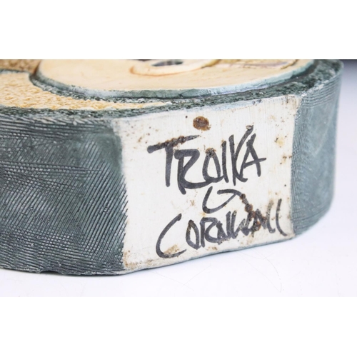 3 - Troika - 1970's Cornish studio art pottery wheel vase having a blue ground with moulded detailing. S... 
