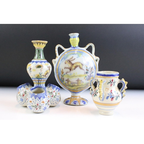 5 - Three pieces of continental faience maiolica ceramics to include a moon flask vase featuring a hare,... 
