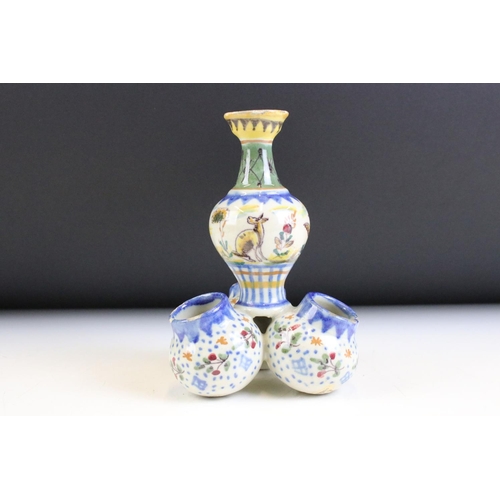 5 - Three pieces of continental faience maiolica ceramics to include a moon flask vase featuring a hare,... 