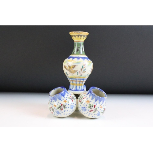 5 - Three pieces of continental faience maiolica ceramics to include a moon flask vase featuring a hare,... 