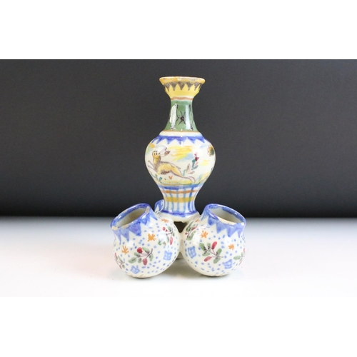5 - Three pieces of continental faience maiolica ceramics to include a moon flask vase featuring a hare,... 