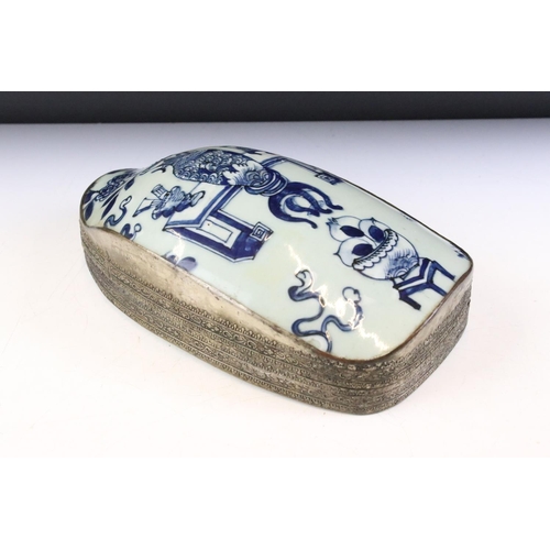 42 - Chinese blue and white porcelain lidded box. The box featuring a hand painted panel with precious ob... 