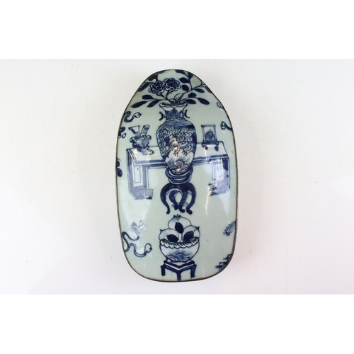 42 - Chinese blue and white porcelain lidded box. The box featuring a hand painted panel with precious ob... 