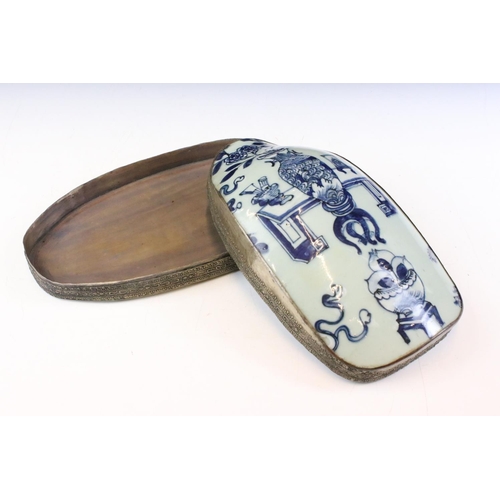 42 - Chinese blue and white porcelain lidded box. The box featuring a hand painted panel with precious ob... 