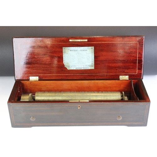 128 - Nicole Freres 19th century 8-airs music box, housed within a rosewood case with inlay to lid, the hi... 