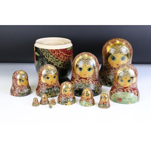 129 - Set of twelve Russian nesting dolls each having hand painted gilt and floral sprays. Twelve pieces i... 