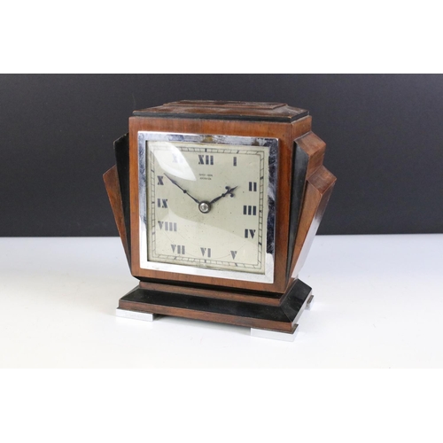 144 - 'James Carr of Aberdeen' Art Deco mahogany mantle clock, raised on four chrome feet, approx 16cm hig... 