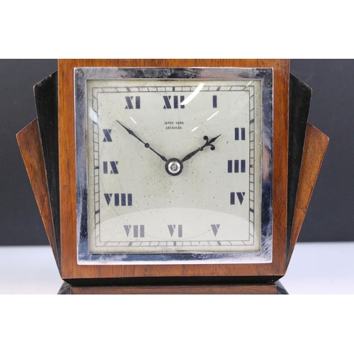 144 - 'James Carr of Aberdeen' Art Deco mahogany mantle clock, raised on four chrome feet, approx 16cm hig... 