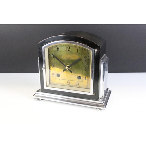 148 - Art Deco chrome & black 'Robertsons of London' domed-top mantle clock, with brass dial, glazed front... 