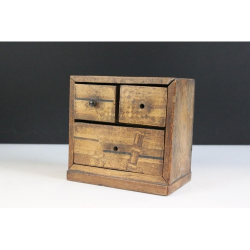 149 - 19th century Japanese miniature wooden chest of three drawers, with marquetry inlaid decoration (10c... 