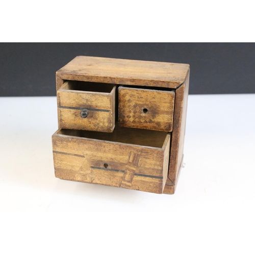 149 - 19th century Japanese miniature wooden chest of three drawers, with marquetry inlaid decoration (10c... 