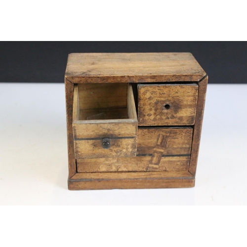 149 - 19th century Japanese miniature wooden chest of three drawers, with marquetry inlaid decoration (10c... 