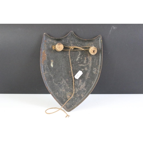 150 - Pair of antique painted metal Scottish shield plaques, each depicting thistles, castles and various ... 