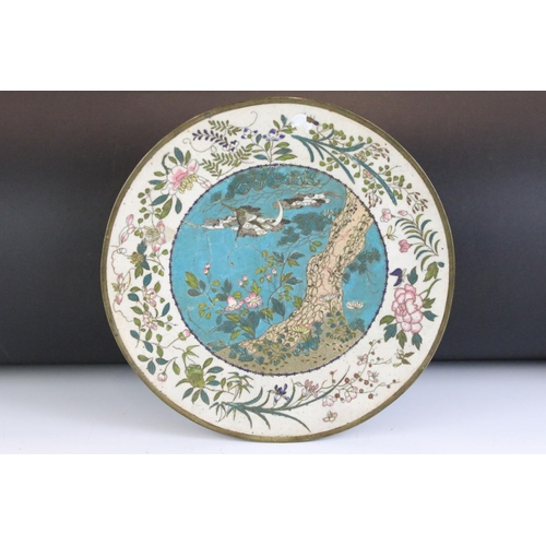 153 - Chinese cloisonne charger with central blue ground panel depicting a bird mid-flight, floral border,... 