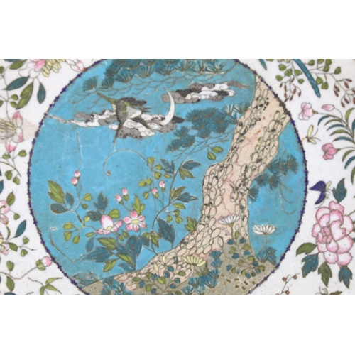 153 - Chinese cloisonne charger with central blue ground panel depicting a bird mid-flight, floral border,... 