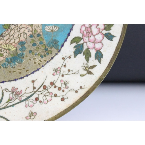 153 - Chinese cloisonne charger with central blue ground panel depicting a bird mid-flight, floral border,... 