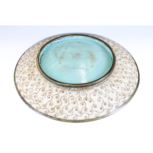 153 - Chinese cloisonne charger with central blue ground panel depicting a bird mid-flight, floral border,... 