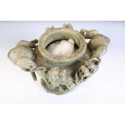 155 - Chinese carved soapstone censer with cover modelled as a pagoda, elephant mask handles and foo dog d... 
