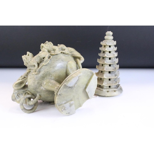 155 - Chinese carved soapstone censer with cover modelled as a pagoda, elephant mask handles and foo dog d... 