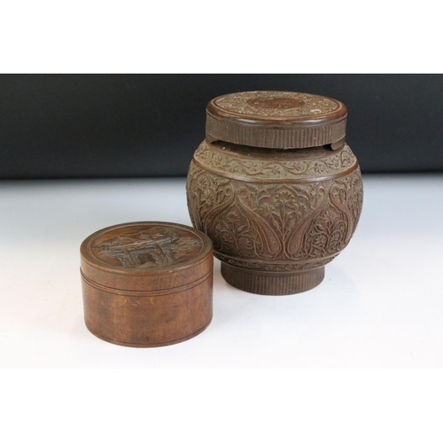 157 - Carved wooden baluster vase & cover with detailed scrolling floral decoration (14cm high), together ... 