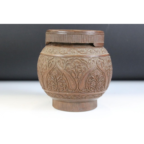 157 - Carved wooden baluster vase & cover with detailed scrolling floral decoration (14cm high), together ... 