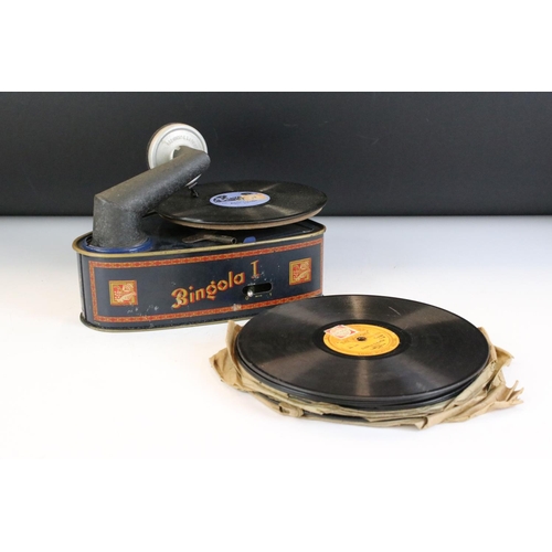 160 - German Bingola I tinplate clockwork polyphon / gramophone (approx 18cm long), with key and two assoc... 