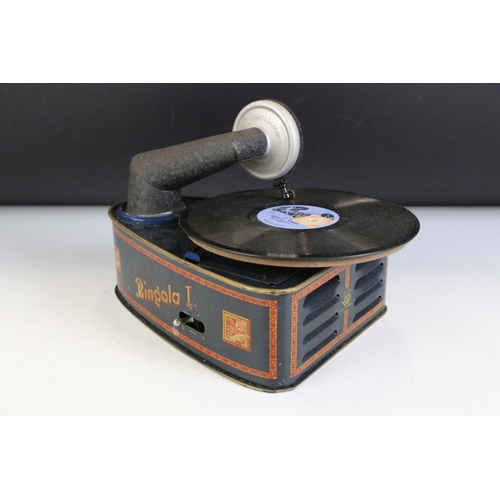 160 - German Bingola I tinplate clockwork polyphon / gramophone (approx 18cm long), with key and two assoc... 