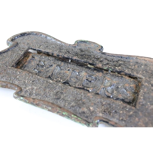 161 - Art Nouveau Cast iron small letter box of shaped form, inscribed 'letters' to flap, approx 18cm wide