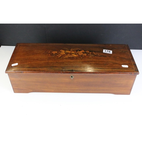 176 - 19th Century Swiss cylinder music box, paper label to lid interior inscribed 'no. 49837 ' with 8 air... 
