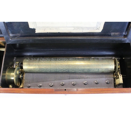 176 - 19th Century Swiss cylinder music box, paper label to lid interior inscribed 'no. 49837 ' with 8 air... 