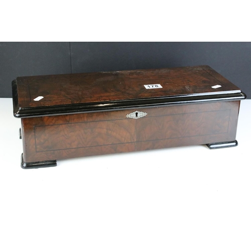 178 - 19th Century Swiss cylinder music box, paper label to the interior inscribed with 12 airs, fitted wi... 