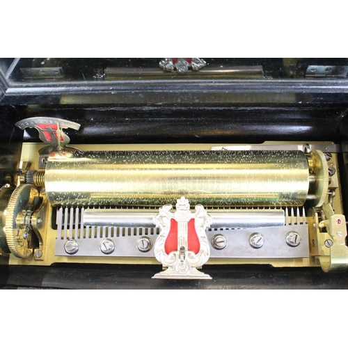 178 - 19th Century Swiss cylinder music box, paper label to the interior inscribed with 12 airs, fitted wi... 
