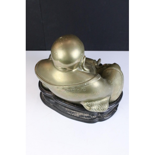 180 - Chinese hollow cast brass seated laughing Buddha figurine depicted holding a string of beads to one ... 