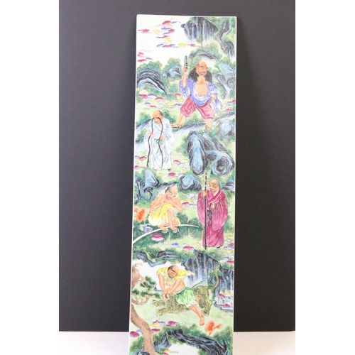 34 - Chinese ceramic wall plaque hand painted with five deities within a landscape scene. Unsigned. Measu... 