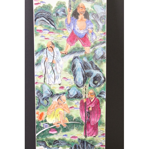 34 - Chinese ceramic wall plaque hand painted with five deities within a landscape scene. Unsigned. Measu... 