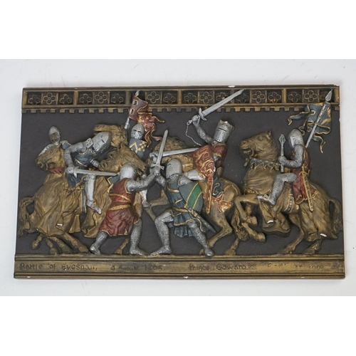 Five Marcus Designs ceramic wall plaques depicting Medieval