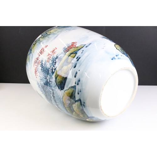 47 - Large Chinese 20th Century hand painted blue and white porcelain vase with landscape scene and chara... 
