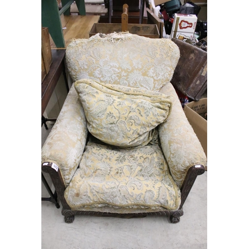 528 - Early 20th century Country House style Armchair with carved oak frame, in need of re-upholstery, 74c... 