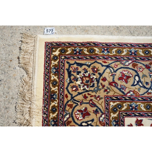 498 - Ivory Ground Full Pile Cashmere Rug with lozenge medallion design, 230cm x 160cm