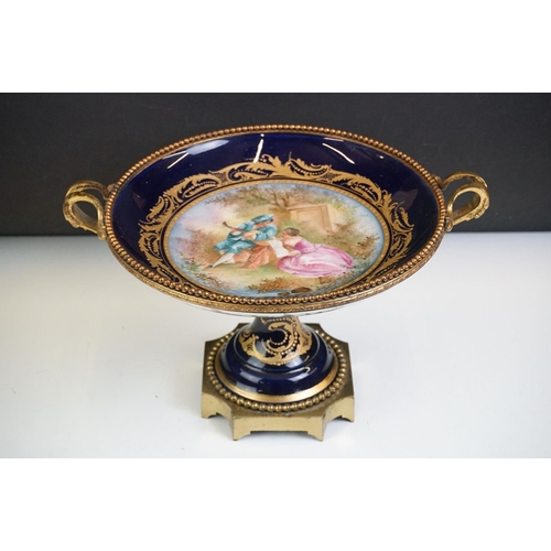 44 - 19th Century French porcelain tazza with hand painted central panel depicting a courting couple (sig... 