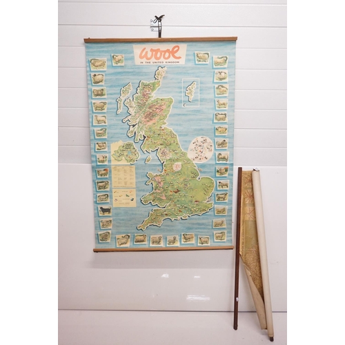 419 - 'Wool in the United Kingdom' rolled poster, wooden support bars and ties, 139 x 91cm and a 'Geograph... 